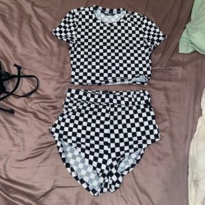checkered top and hot shorts 2 piece set